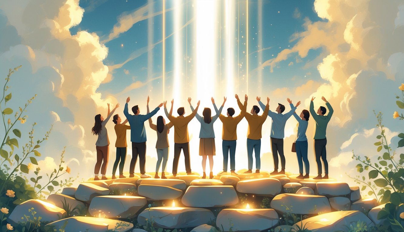 A group of people standing together on a glowing stone foundation, surrounded by warm light and gentle beams from the sky, supporting each other with blooming vines in the background.