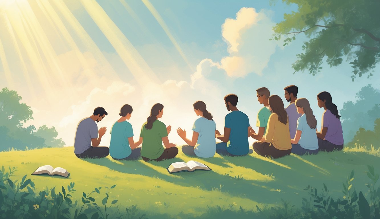 A group of people gathered outdoors in prayer and reflection with soft sunlight breaking through clouds, symbolizing spiritual strength and hope.