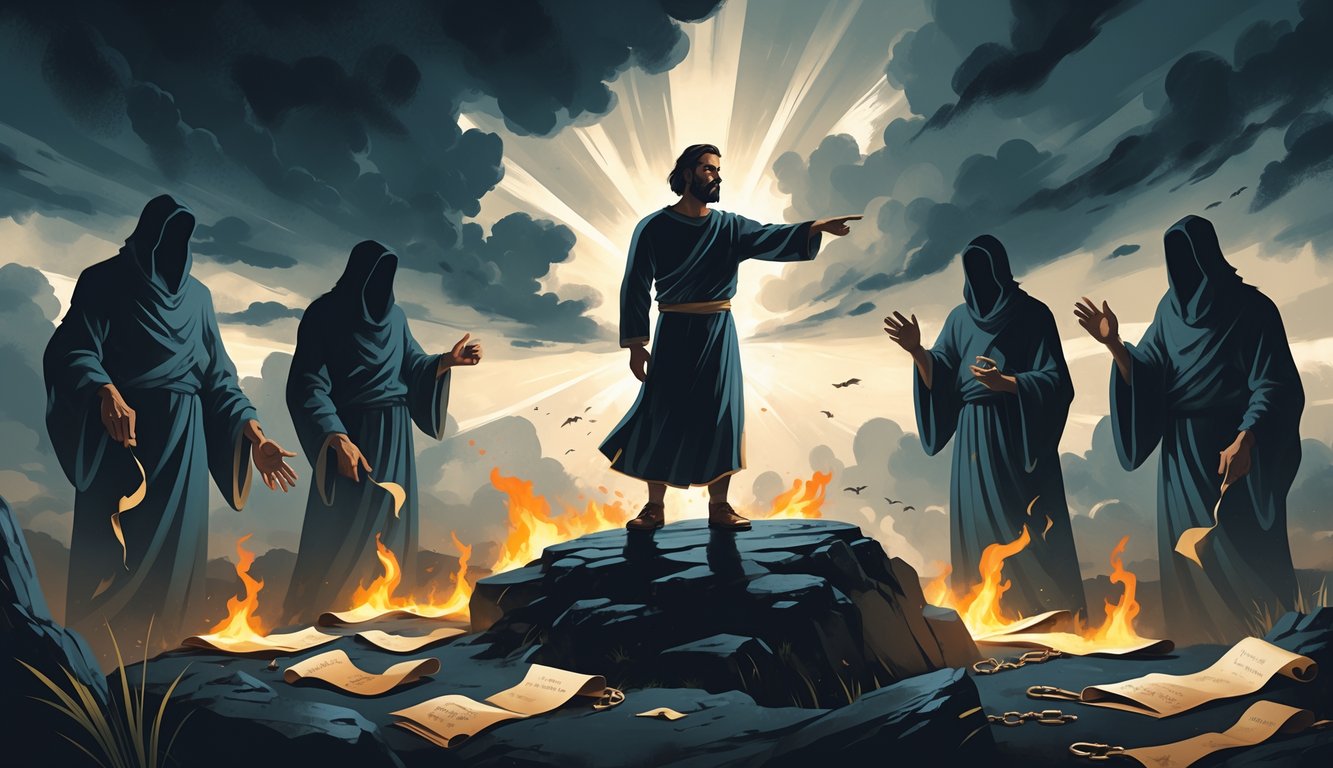 A wise man stands on a rocky hill warning shadowy, deceptive figures beneath a stormy sky with rays of light breaking through.