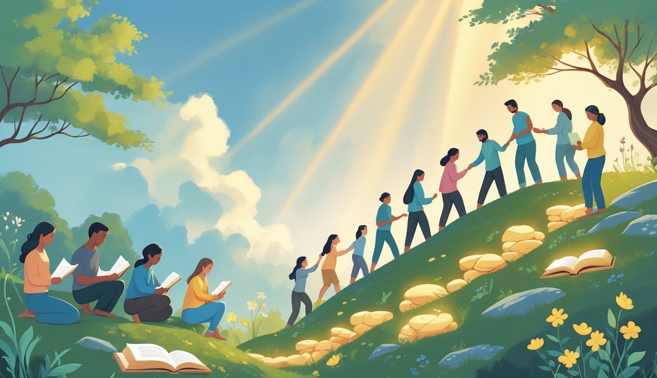 A group of people supporting each other on a glowing hill under a bright sky with trees and flowers around them, symbolizing growth and strength.