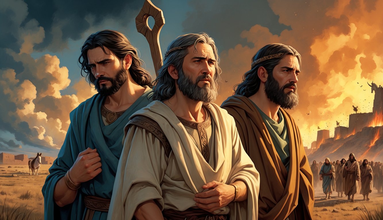 Three biblical figures Cain, Balaam, and Korah shown in separate scenes representing their judgment, with a fiery destroyed city in the background symbolizing Sodom and angels overseeing the scene.