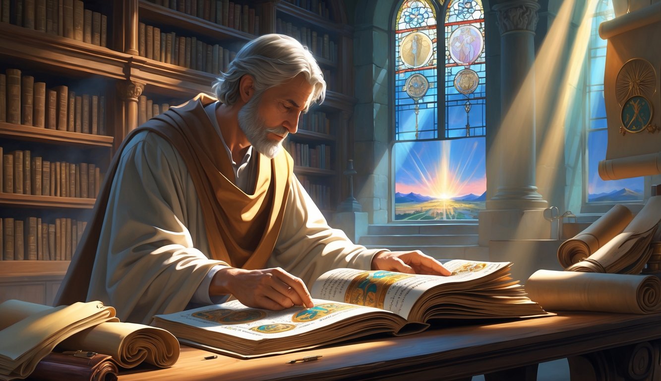 A scholar studying an ancient illuminated manuscript with symbolic imagery related to the Book of Revelation, surrounded by bookshelves and soft light.