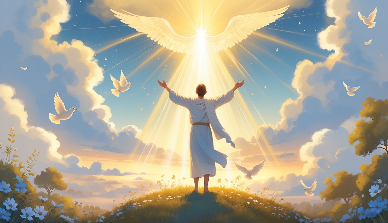 A person standing with arms raised towards a bright light in the sky, surrounded by doves and blooming nature under a peaceful sky.