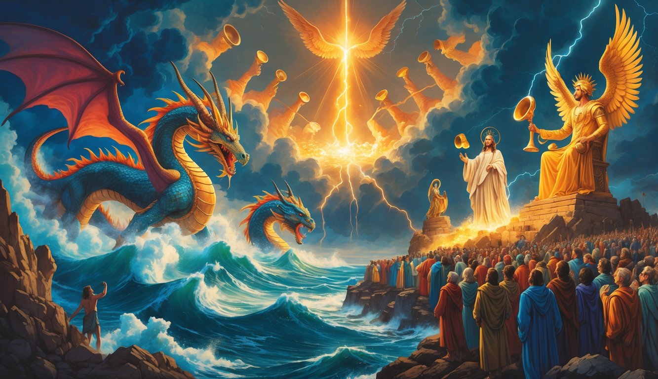 A dramatic scene showing a multi-headed dragon, angelic figures blowing trumpets, a glowing scroll, a radiant throne with a lamb, and a crowd of people looking upward under a stormy sky.