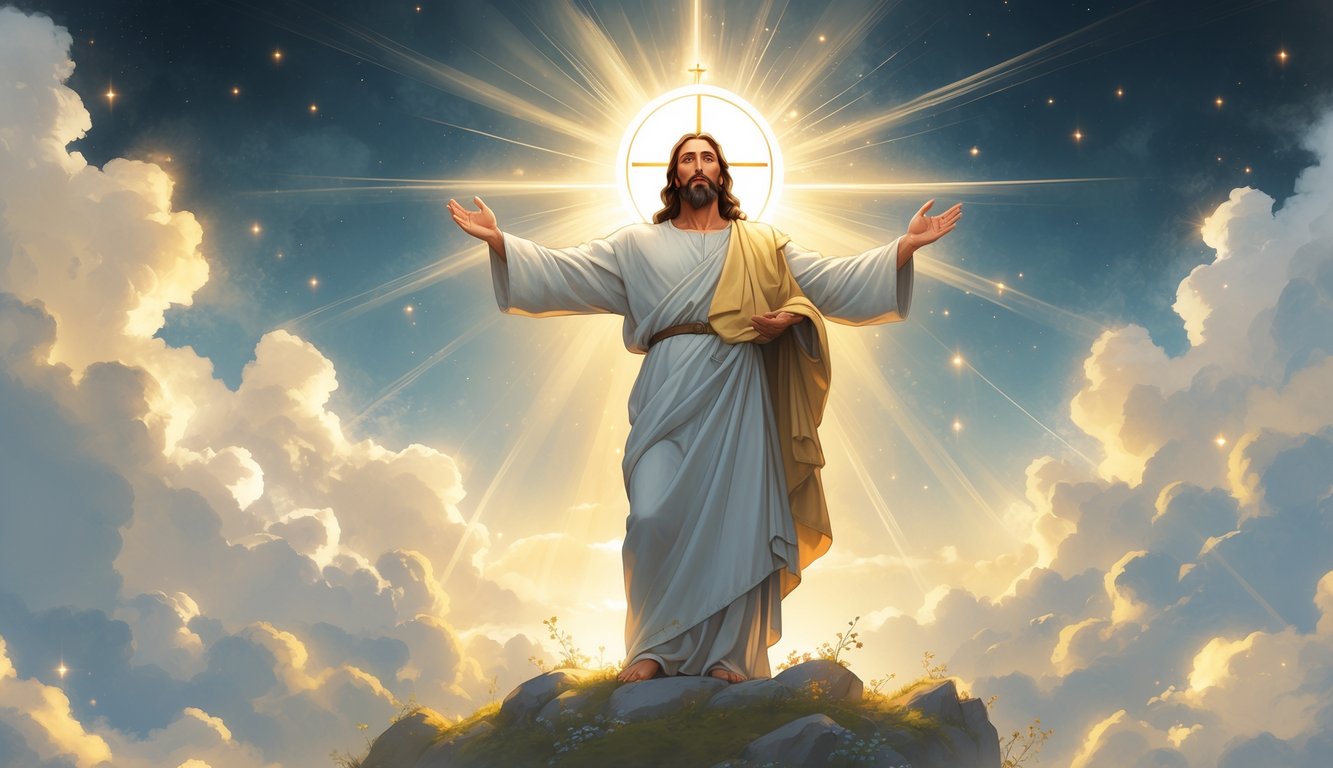 Jesus Christ standing with open arms surrounded by radiant light and a peaceful sky, symbolizing divine protection and salvation.