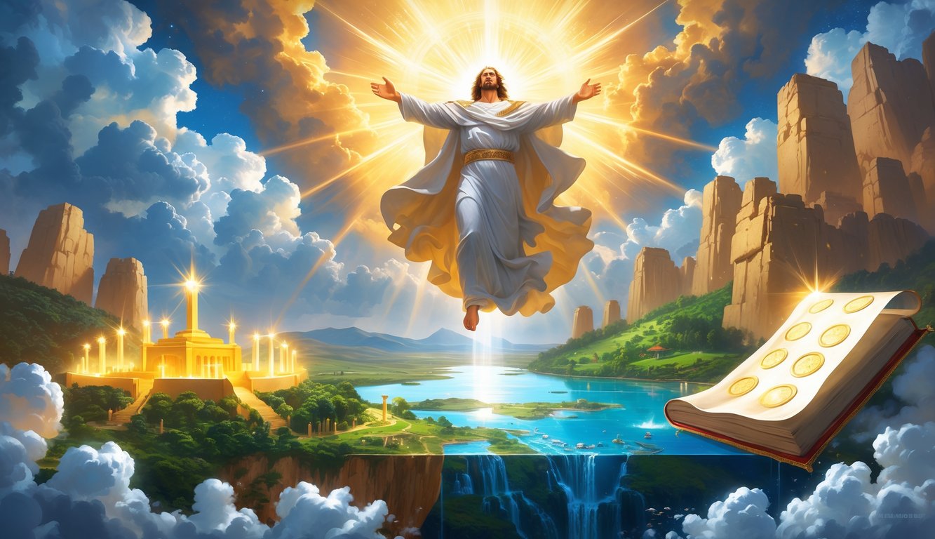 A radiant figure descends from the heavens above a vibrant new earth with lush nature and a glowing city, surrounded by symbolic elements representing the Second Coming and the New Creation.