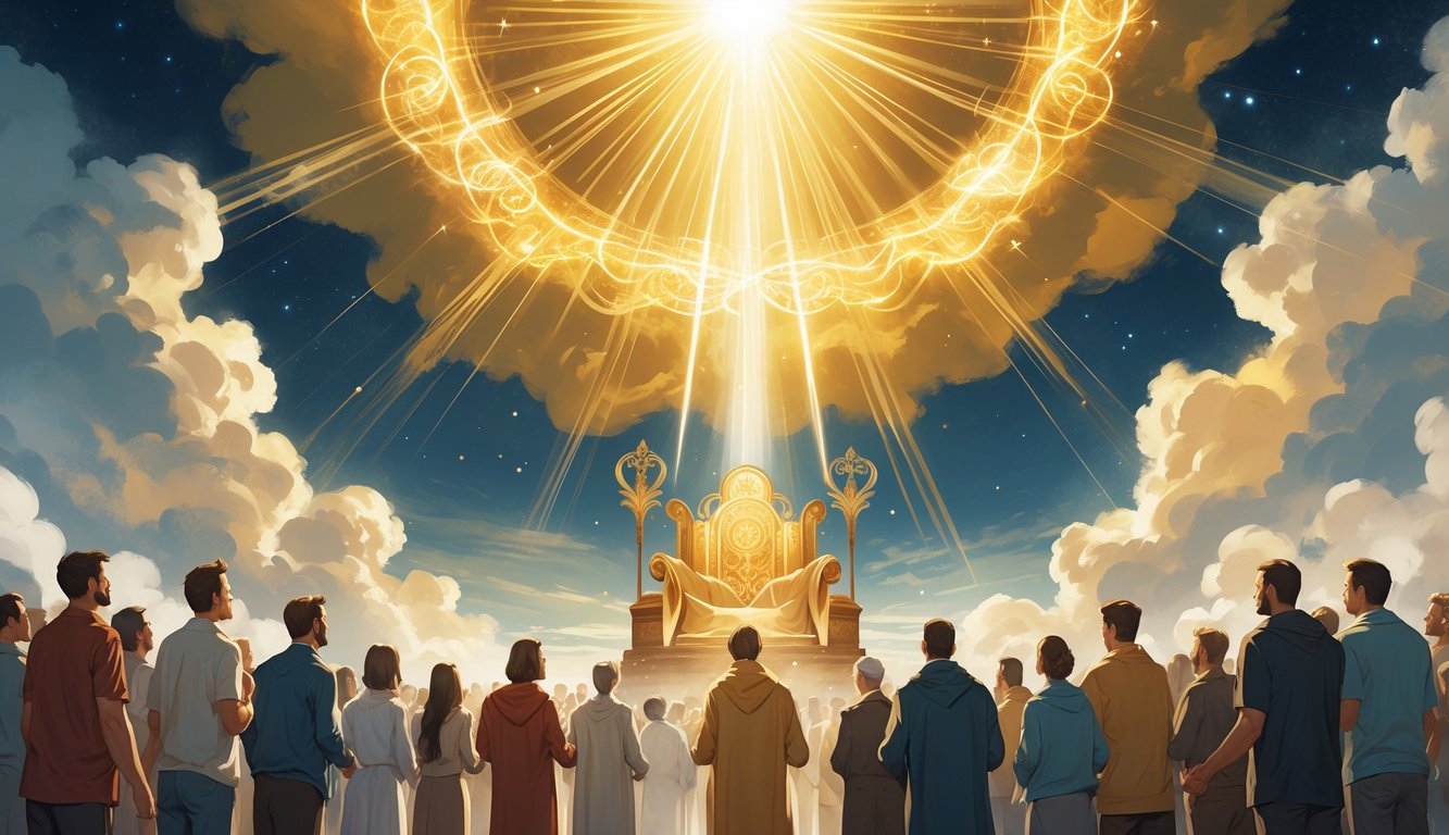 A group of people worshiping beneath a radiant divine light shining from a celestial throne surrounded by clouds and cosmic elements.