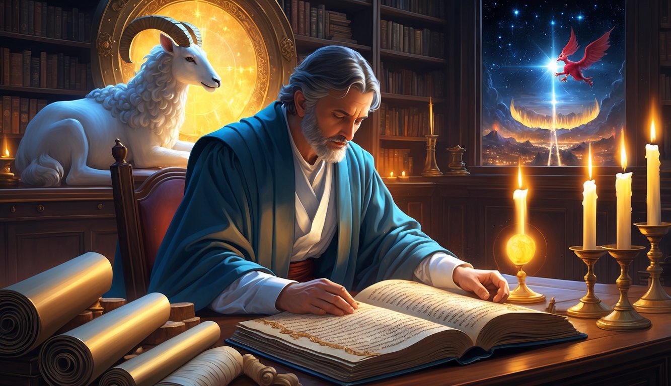 A scholar studying an ancient manuscript surrounded by symbolic elements representing themes from the Book of Revelation, including a glowing scroll, seven lampstands, a lamb with a halo, and a city under a starry sky.