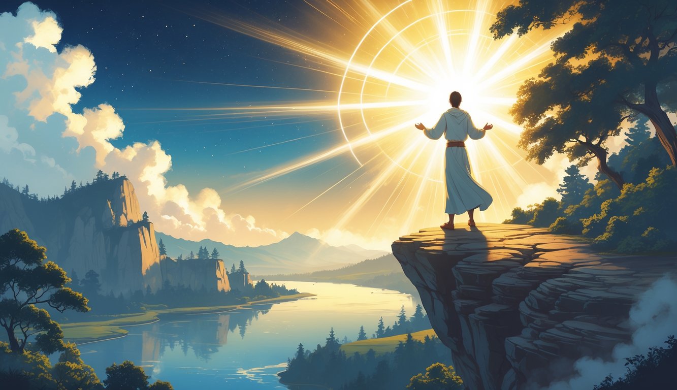 A person standing on a cliff bathed in a warm, glowing light overlooking a peaceful natural landscape at sunrise.