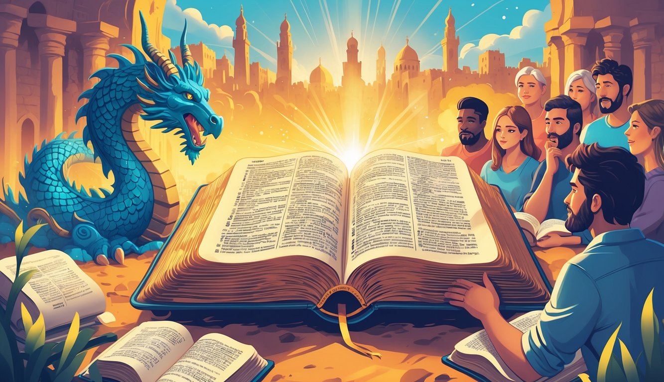 An open ancient Bible glowing with light, surrounded by symbolic figures from the Book of Revelation and a diverse group of people studying it together.