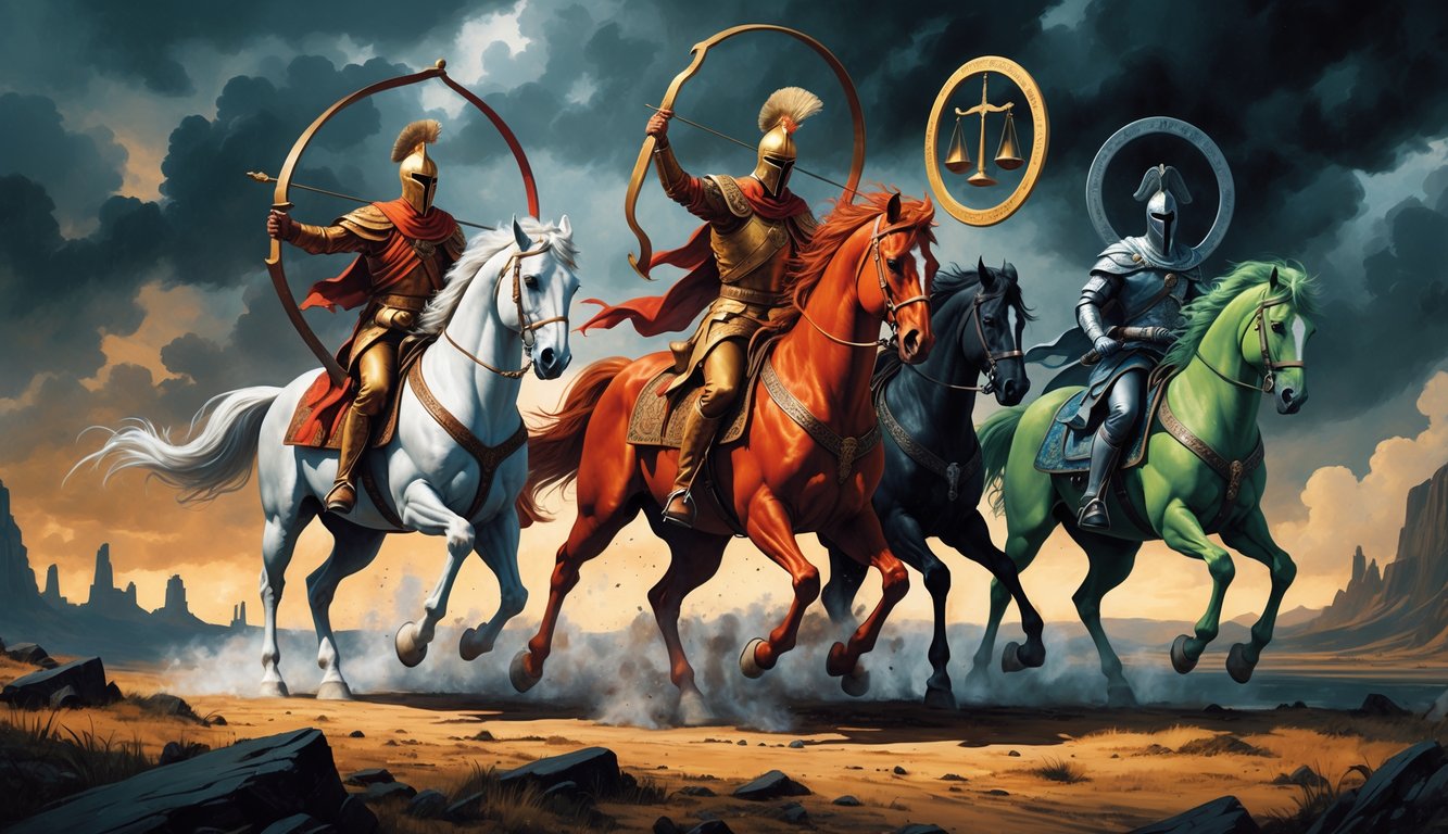Four riders on horses representing conquest, war, famine, and death against a stormy sky over a desolate landscape.