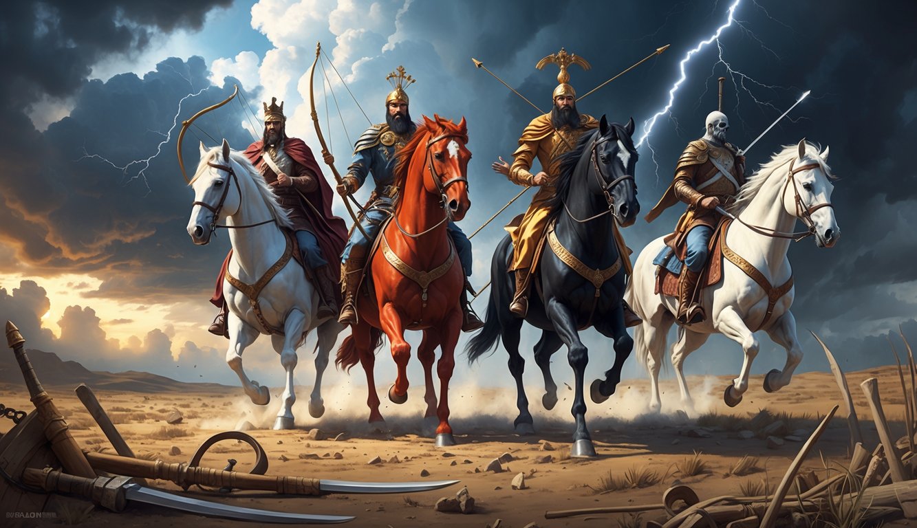 Four riders on horseback representing conquest, war, famine, and death under a stormy sky over a barren landscape.