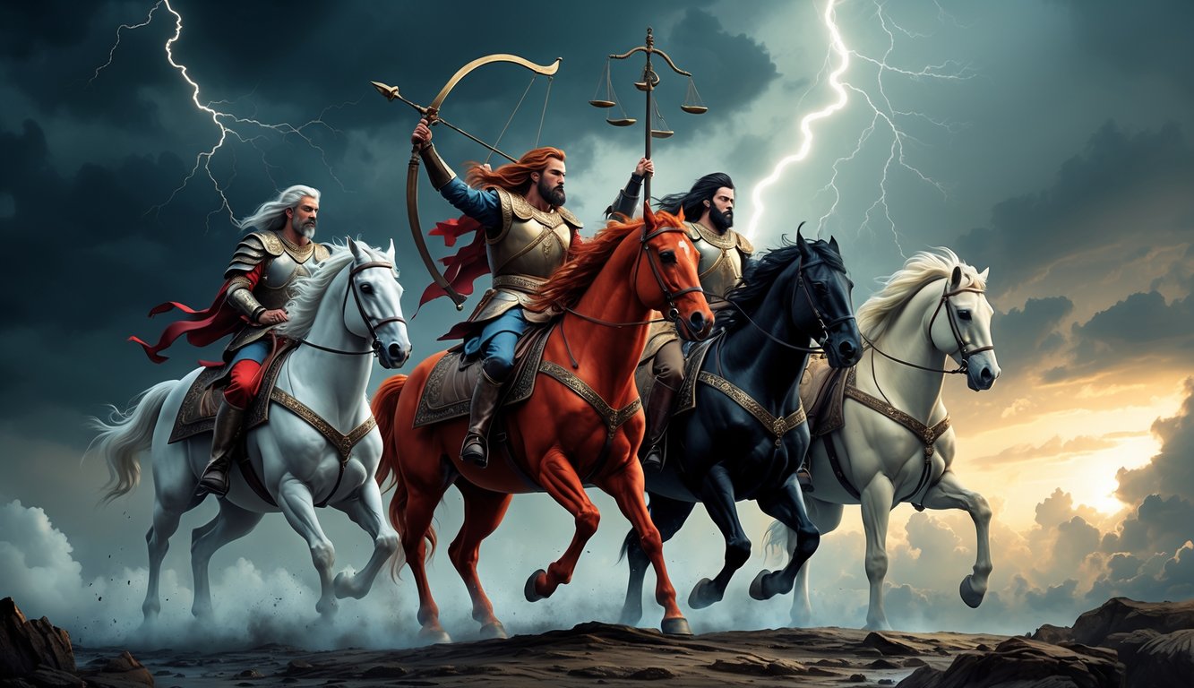 Four horsemen riding under a stormy sky with dark clouds and lightning, with a faint light breaking through the horizon symbolizing hope.