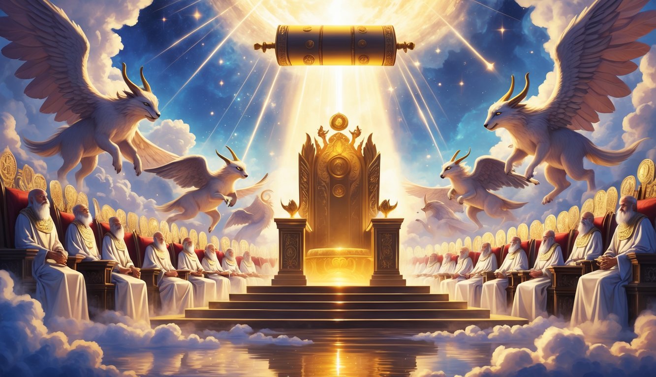 A radiant golden throne in a heavenly room surrounded by four winged creatures and twenty-four elders worshiping, with glowing light and a sealed scroll above the throne.