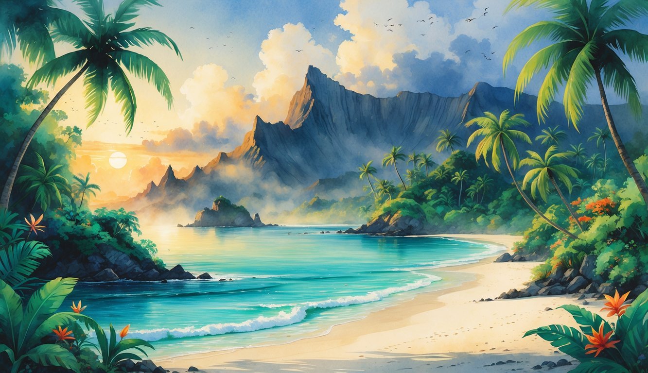 A hidden Hawaiian island with tropical trees, a white sandy beach, turquoise water, volcanic mountains, and colorful birds.