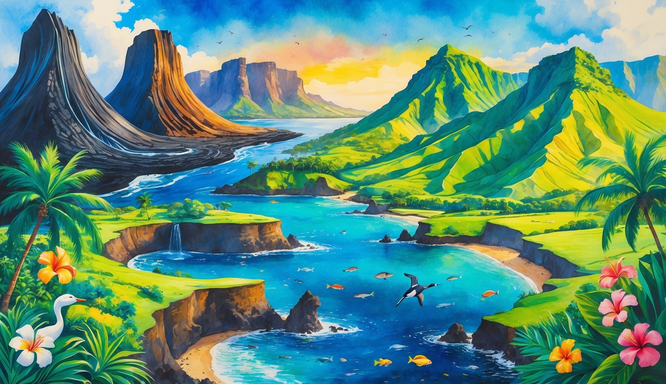 A colorful scene showing the distinct landscapes and natural features of each Hawaiian island, including volcanoes, waterfalls, beaches, cliffs, tropical plants, and native birds.