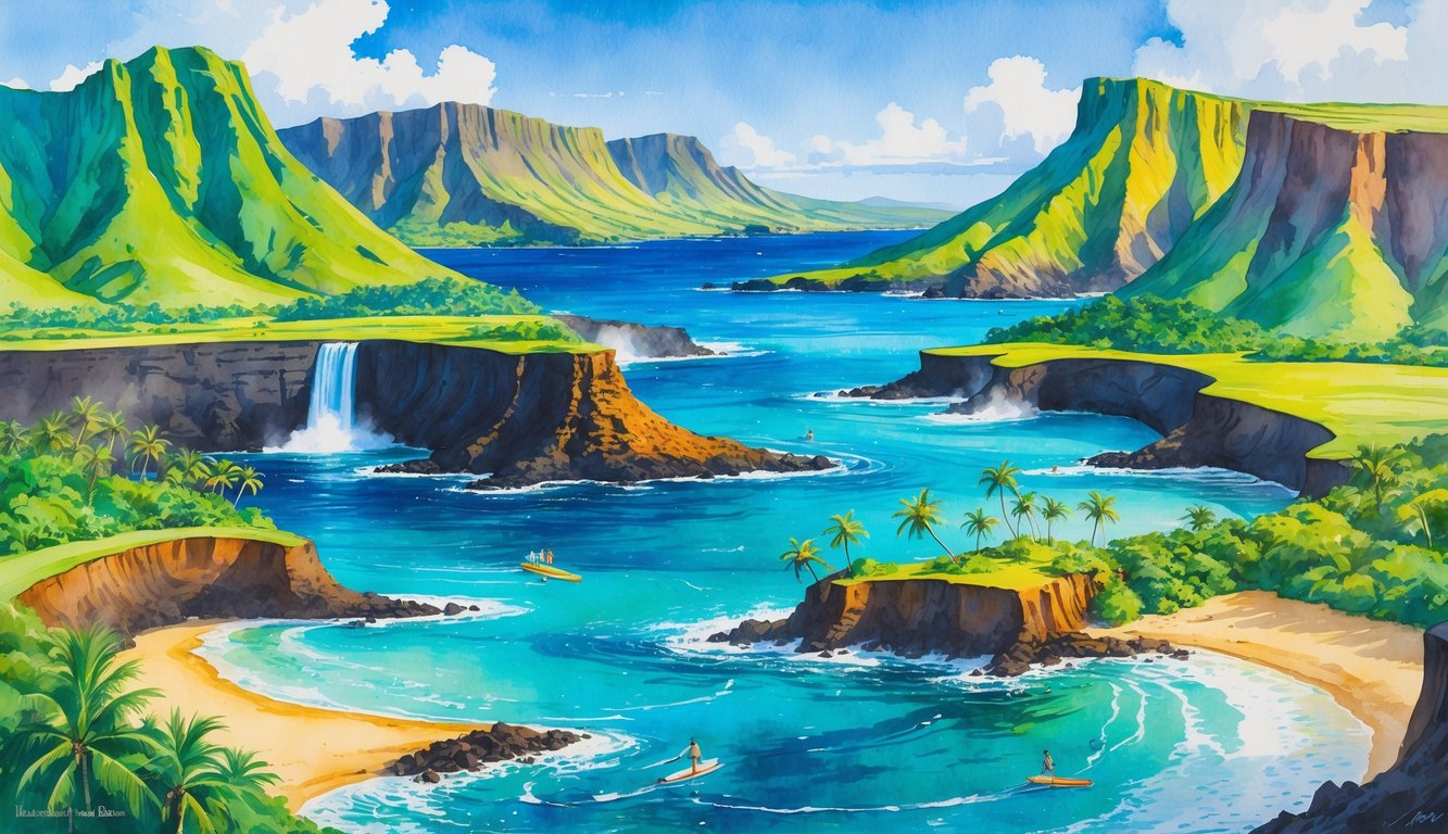 A colorful scene showing the unique landscapes of each Hawaiian island, including mountains, beaches, cliffs, lava flows, and palm trees.