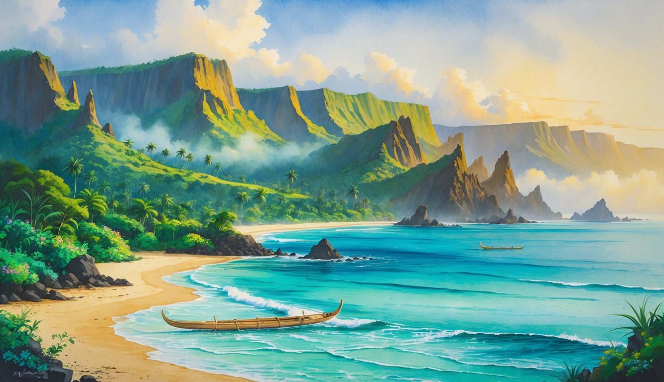 A peaceful tropical island scene with green forests, rocky cliffs, clear blue waters, and colorful flowers under a warm sunrise or sunset sky.