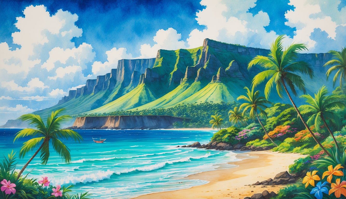 A coastal landscape featuring green mountains, a volcanic crater, sandy beaches, palm trees, and ocean waves with a canoe near the shore.