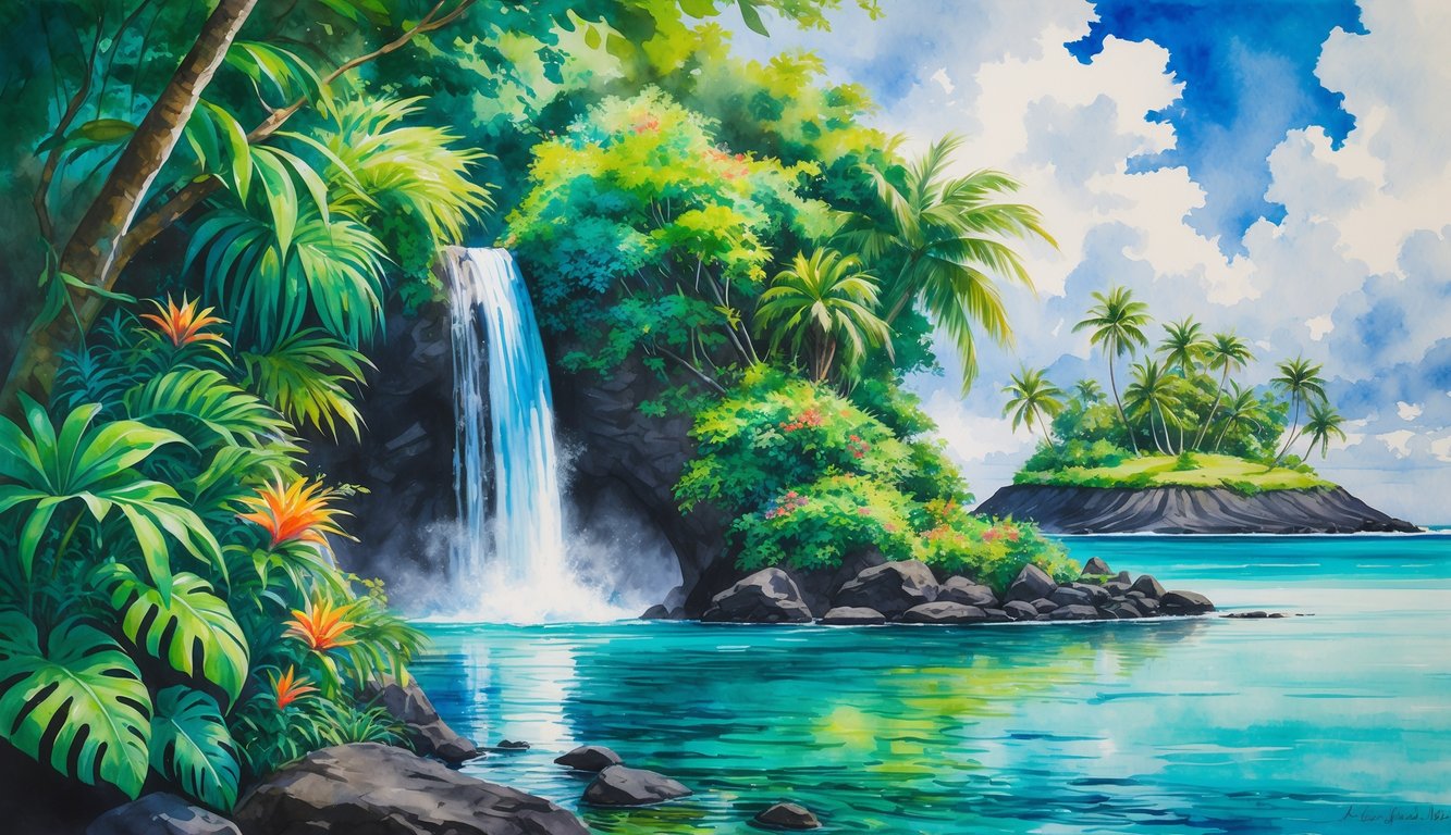 A hidden waterfall flowing into a clear pool surrounded by tropical plants and a small island with palm trees in calm blue water.
