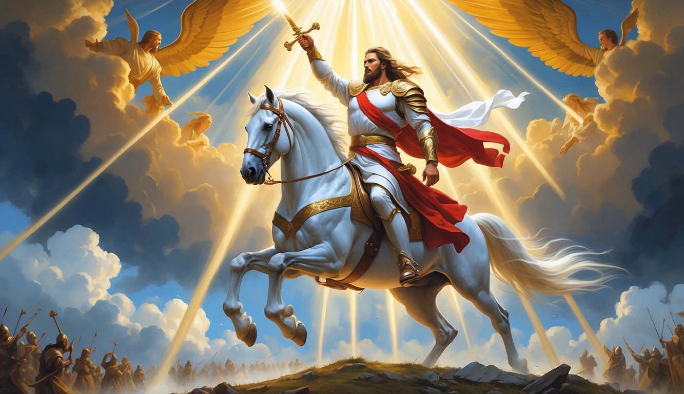 Christ riding a white horse, holding a sword, surrounded by angels with trumpets, descending from a radiant sky over a defeated battlefield.