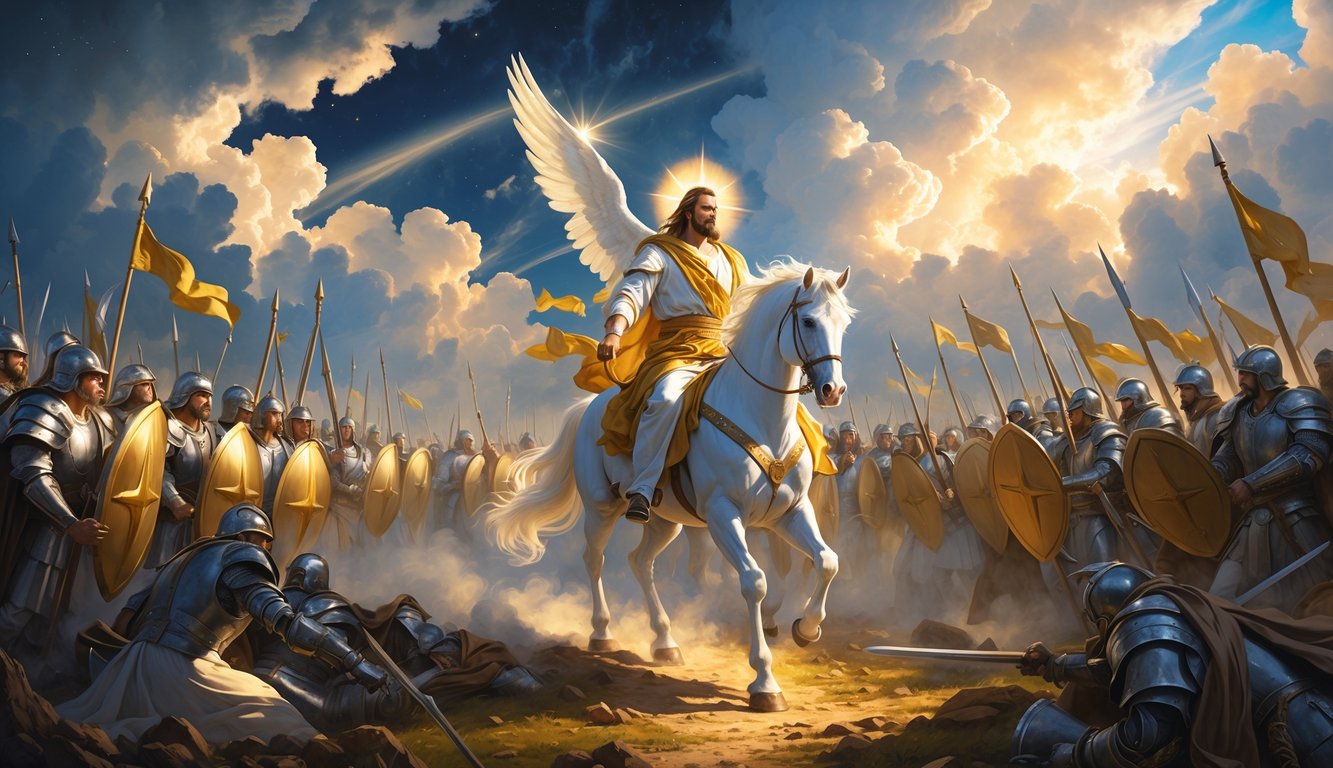 Christ on a white horse leading heavenly armies in shining armor against dark forces under a dramatic sky with beams of light.