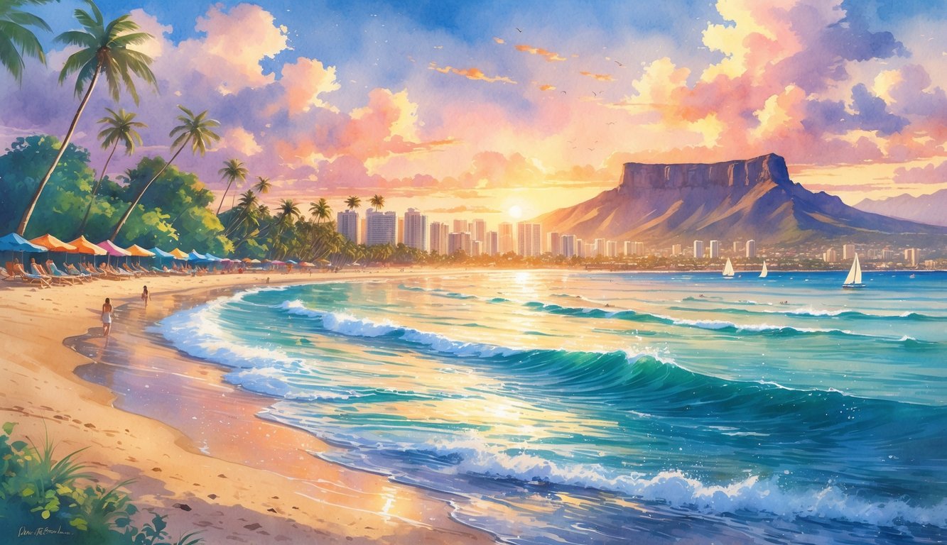 A beach scene with palm trees, people on the sand, waves, sailboats, and a volcanic crater in the background at sunset.