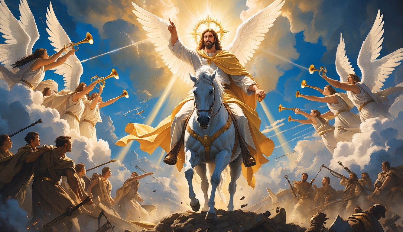 Christ riding a white horse surrounded by angels, with a radiant sky and defeated forces below, symbolizing His victorious return.