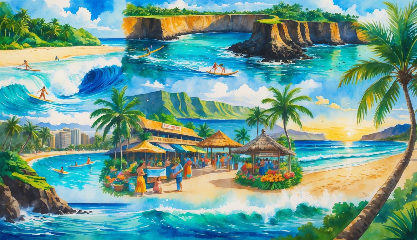 A colorful scene showing surfers on a beach, tropical waterfalls, Hawaiian dancers, a volcanic crater, snorkelers in coral reefs, a local market, palm-lined coastal road, an ocean sunset with a canoe, a temple, and a city with mountains.