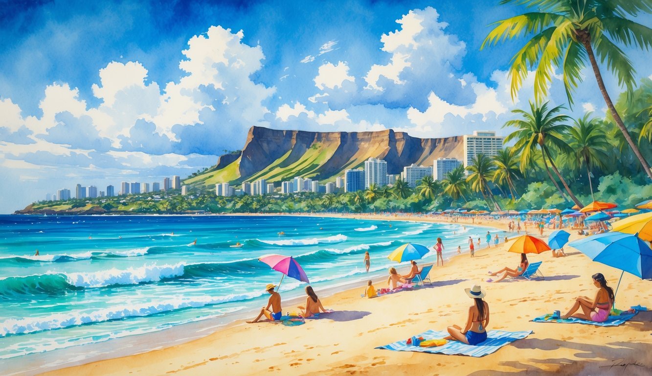 A sunny beach scene with people enjoying the sand and ocean, palm trees, and a mountain in the background.