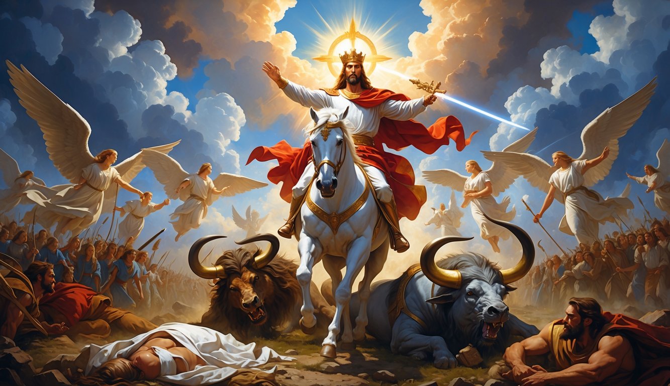Christ on a white horse triumphantly defeating the Beast, False Prophet, and kings of the earth with angels and fallen enemies surrounding the battlefield under a radiant sky.