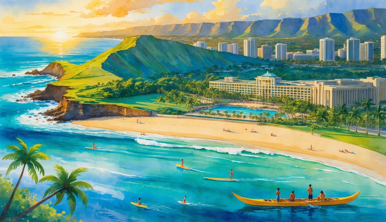 A colorful scene showing Oahu's famous landmarks, beaches with surfers, hikers on a volcanic crater, snorkelers in a bay, a historic palace, and a canoe on the ocean at sunset.