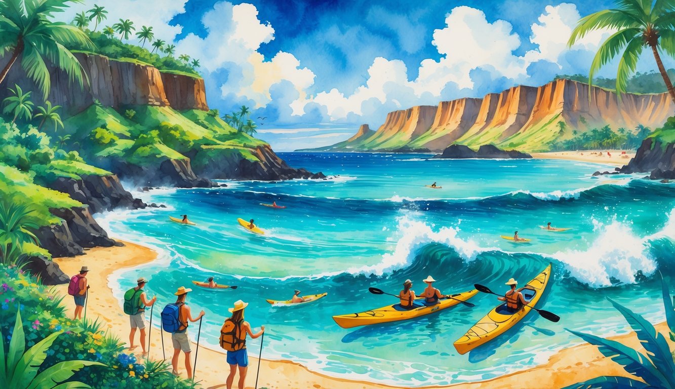 A colorful scene showing people hiking, snorkeling, surfing, kayaking, and exploring a tropical island with mountains, beaches, and ocean.