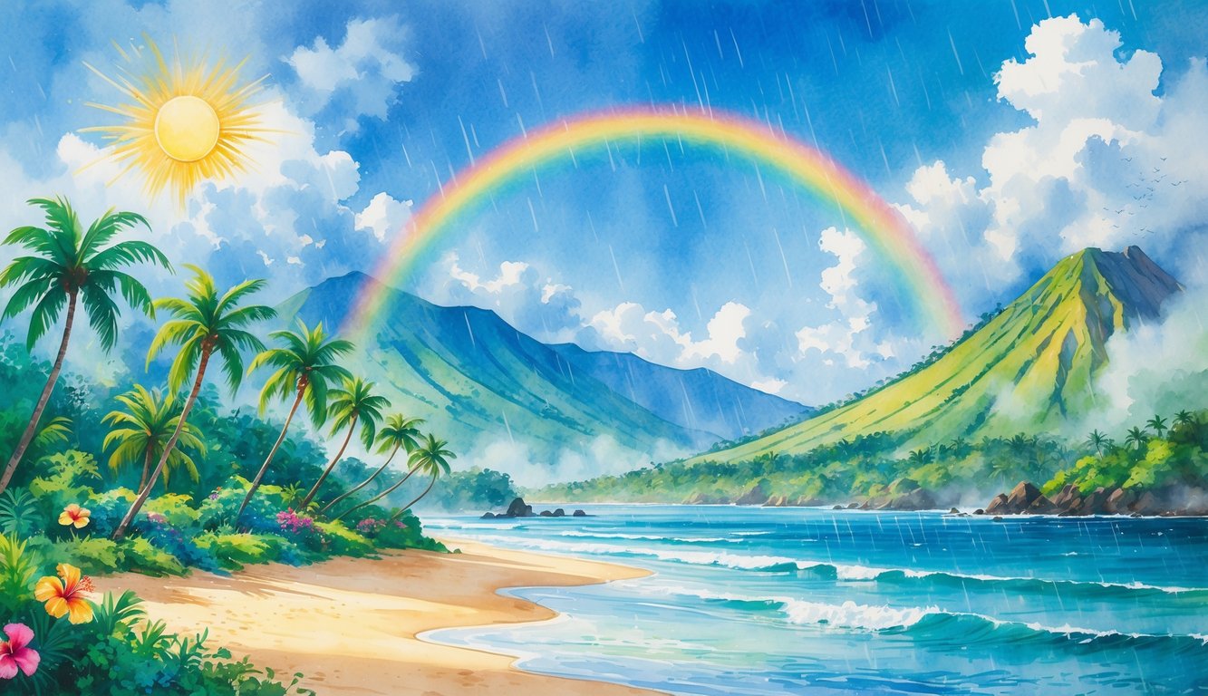 A tropical Hawaiian landscape showing sunny beach, rain showers over mountains, palm trees, and a rainbow.