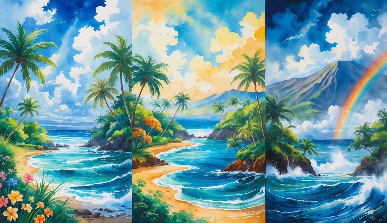 A tropical landscape showing different weather conditions across four seasons in Hawaii, including sunny skies, gentle winds, rain showers, and stormy clouds over mountains and ocean.