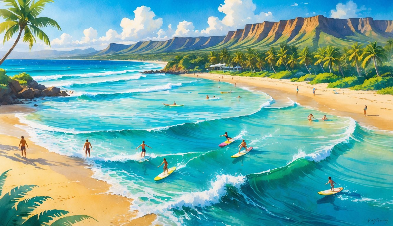 A beach scene with swimmers and surfers in clear blue water, golden sand, palm trees, and mountains in the background.