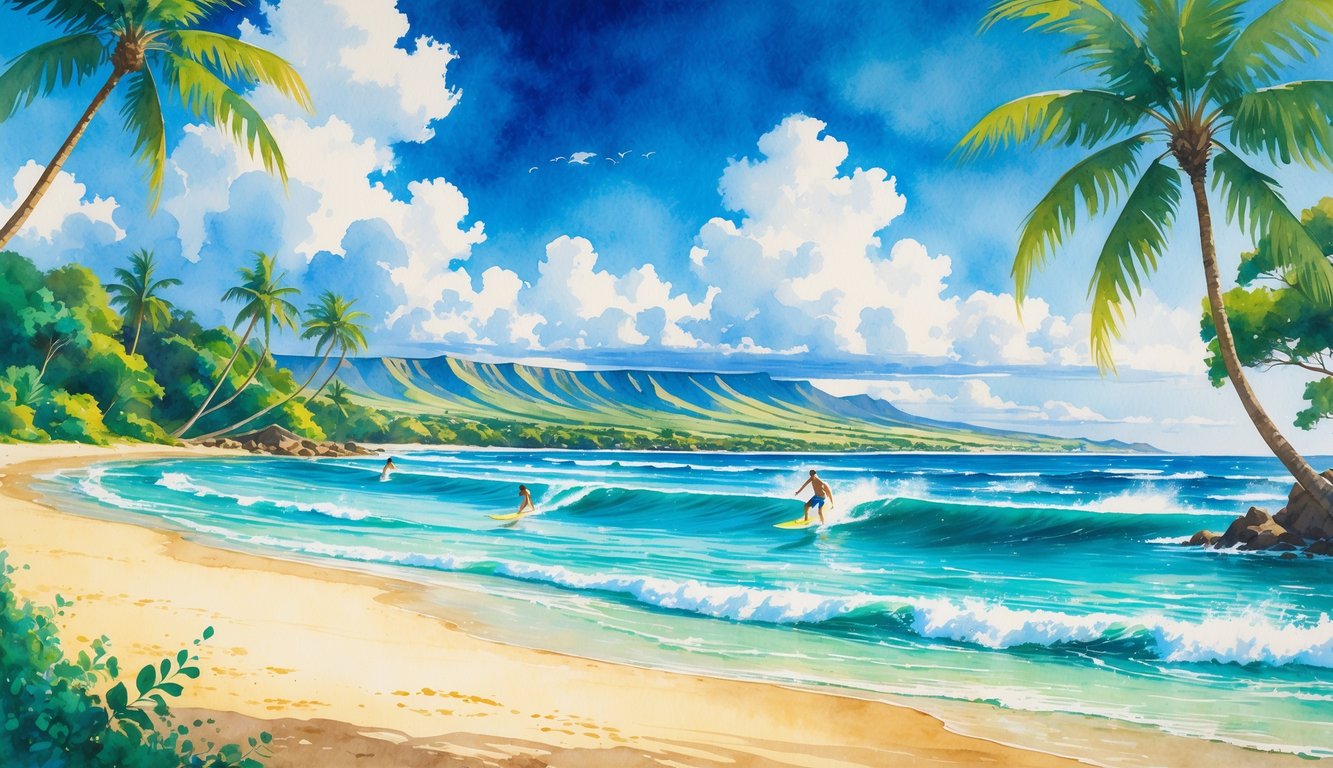 A tropical beach with golden sand, clear turquoise water, surfers riding waves, palm trees, and distant mountains under a blue sky.