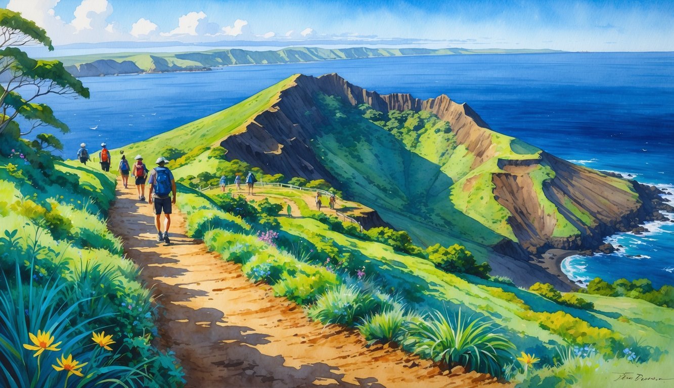 A hiking trail winding up a volcanic crater with hikers walking among green plants and wildflowers, overlooking the ocean under a clear sky.