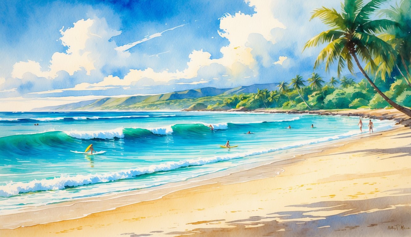 A beach scene with people swimming in calm water and surfers riding waves, surrounded by palm trees and a clear sky.