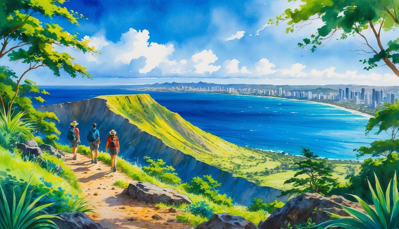 Hikers standing on a volcanic crater rim overlooking the ocean and a distant city along the coastline, surrounded by green vegetation and rocky terrain.