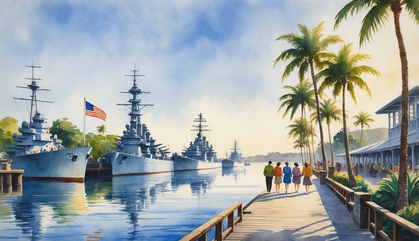 A peaceful harbor with vintage naval ships docked, visitors walking along a wooden pier surrounded by palm trees and greenery under a clear sky.