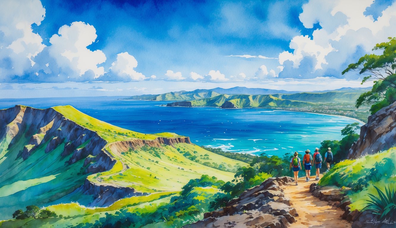 View from the summit of Diamond Head showing hikers on a trail, green volcanic slopes, and the ocean with islands in the distance.