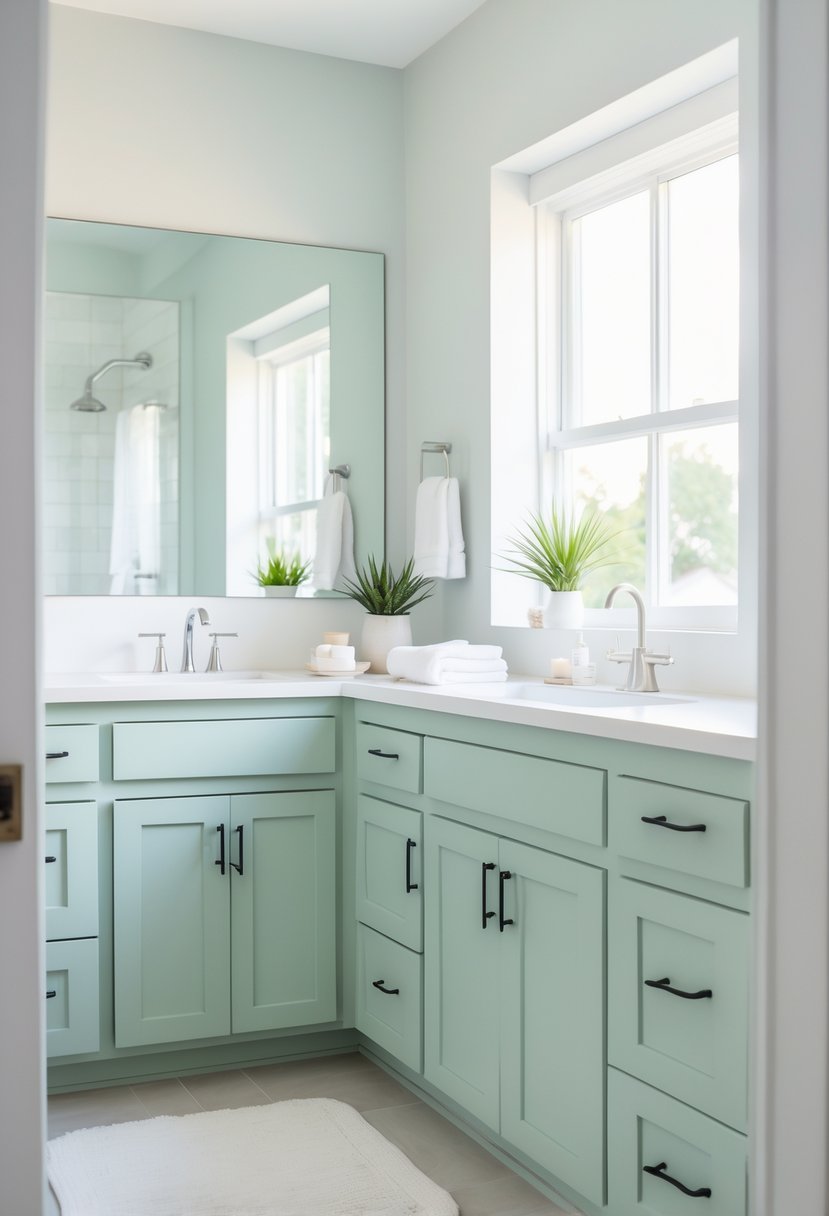 A modern bathroom with freshly painted pastel cabinets, a white countertop, sink, and small decorative items.