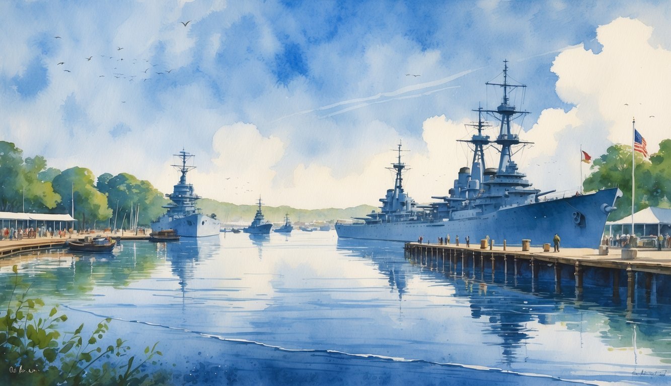 A peaceful view of Pearl Harbor showing battleships, memorials, water, and visitors exploring the historic site.