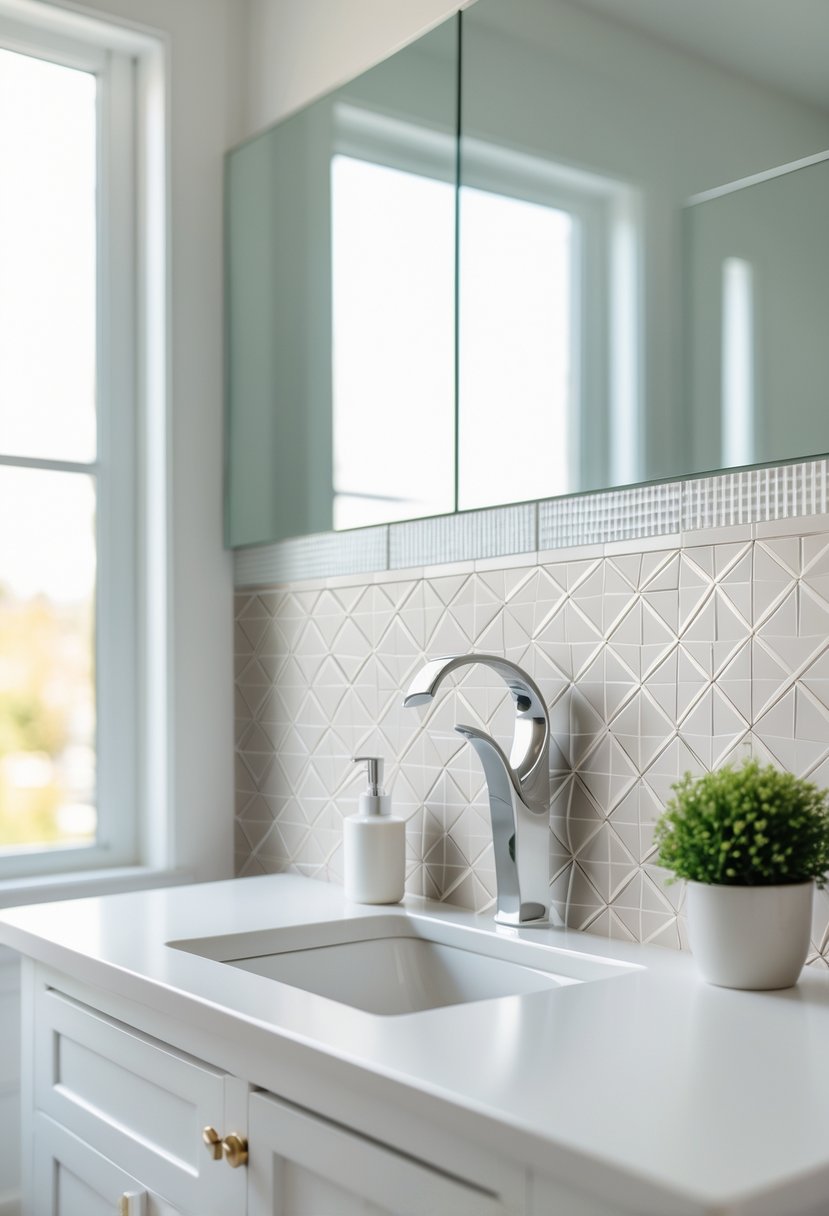 A modern bathroom sink area with a newly installed peel-and-stick tile backsplash and natural light coming through a window.