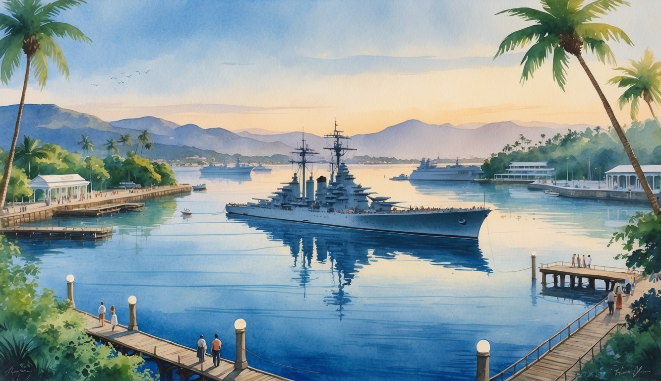 A peaceful harbor scene with a historic battleship, visitors walking along piers, palm trees, and mountains in the background under a soft sunrise sky.