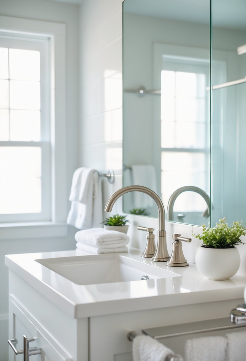 A modern bathroom sink with brushed nickel faucets and matching fixtures, surrounded by clean white towels and a small plant.