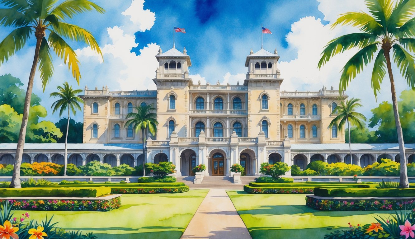 Iolani Palace in Honolulu surrounded by tropical palm trees and gardens under a clear blue sky.