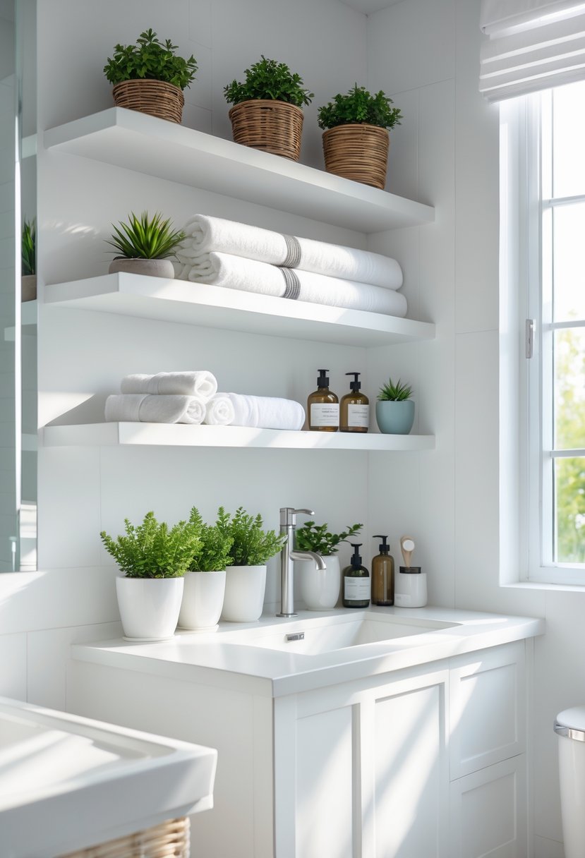 A modern bathroom with open shelving above the sink holding towels, plants, and toiletries.