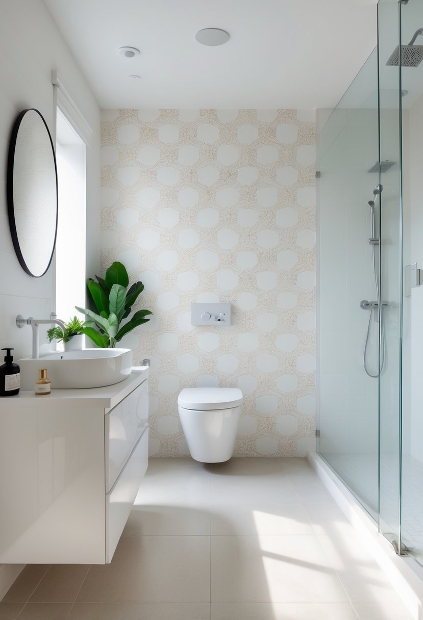 A modern bathroom with one wall covered in removable wallpaper, a white vanity, round mirror, and a walk-in shower.